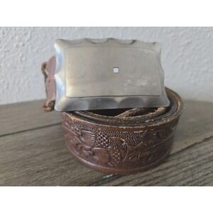 Vintage Western Tooled Leaves Acorns Brown Leather Belt Silver Toned Buckle 40"